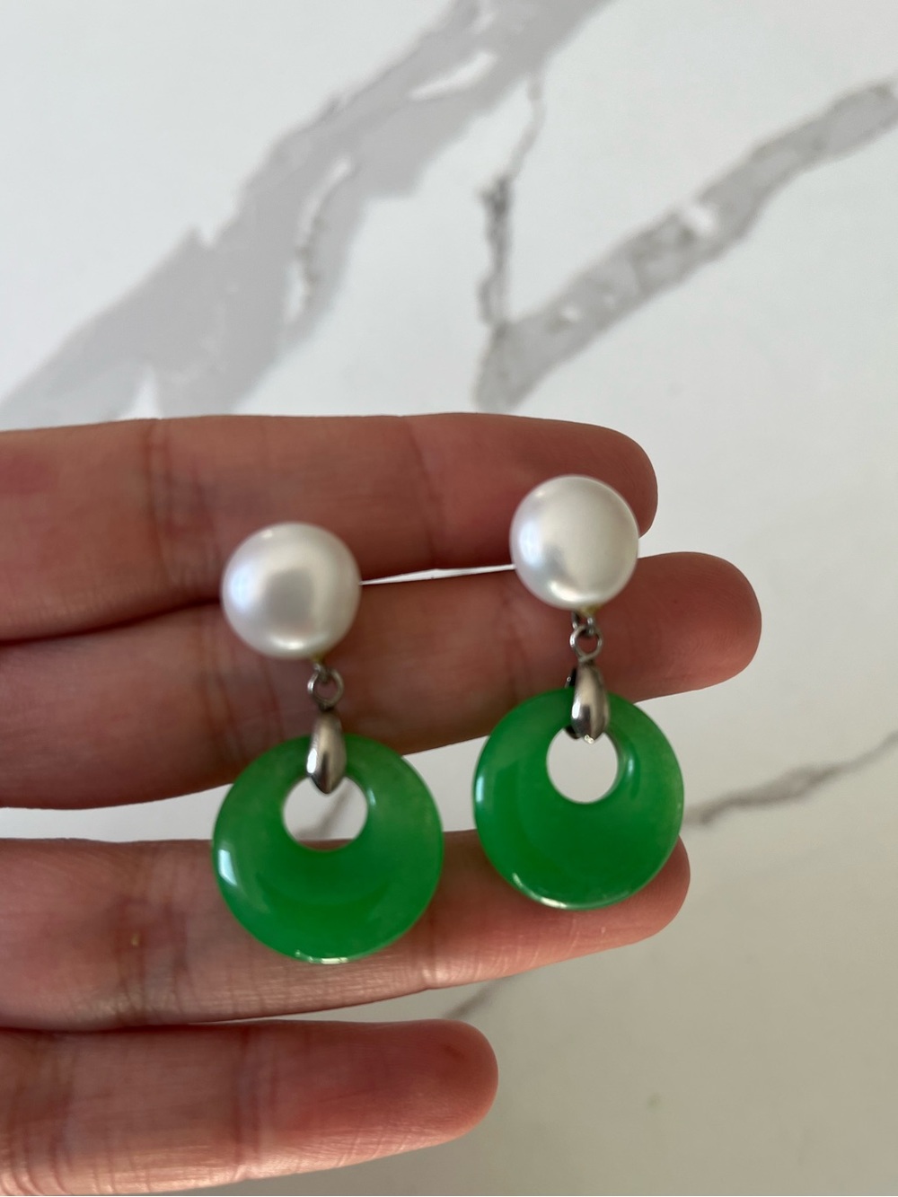 Genuine Pearl and Green Jade Drop Earrings